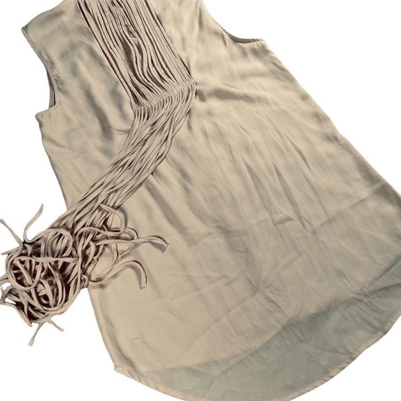 San Joy size small tan top with fringe on front & back, button down with collar - Picture 8 of 15